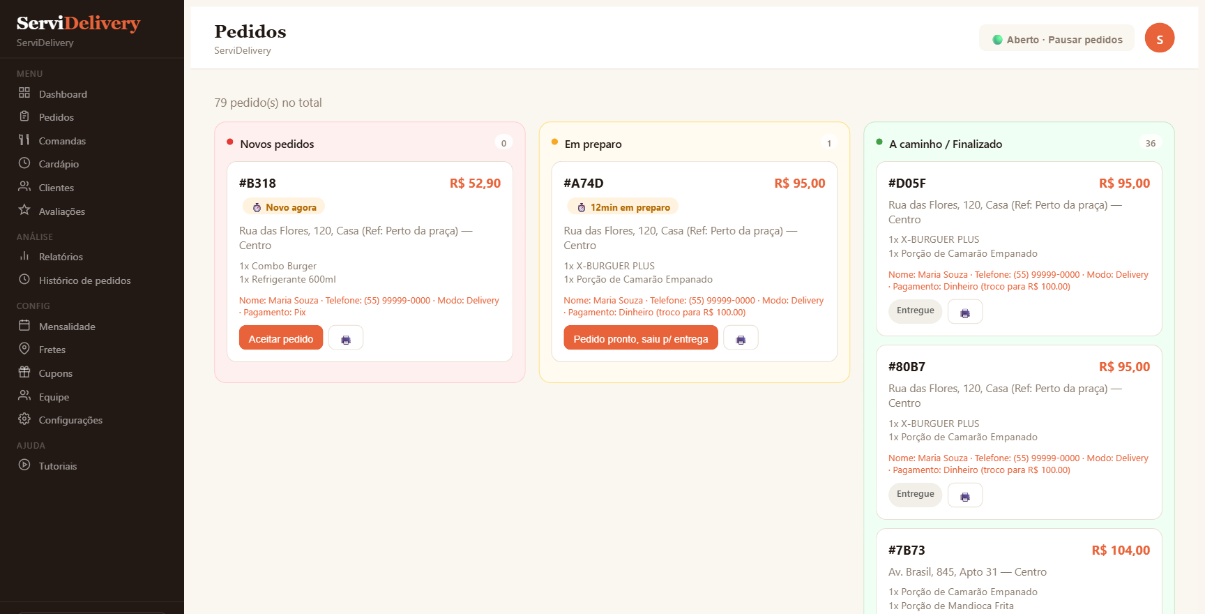 Painel do ServiDelivery com os pedidos separados por etapa